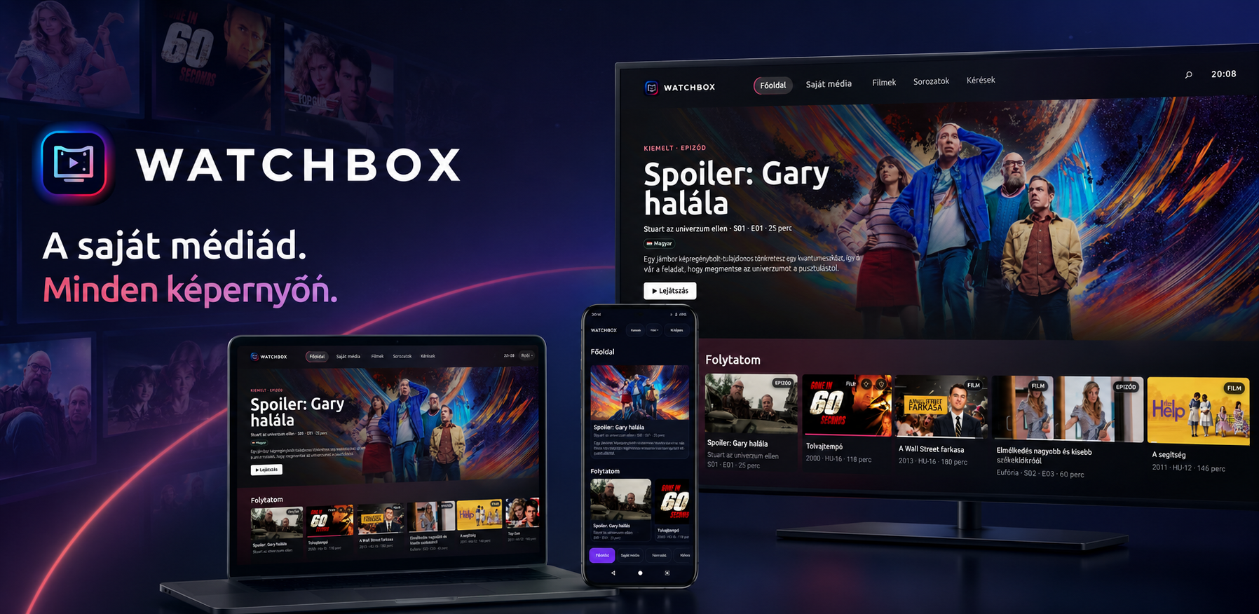 Watchbox webes, mobilos és TV-s felület egy közös promóképen